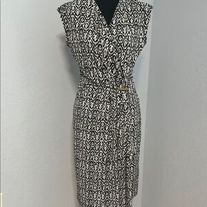 Michael Kors White and Blue Sheath Midi Dress V-neck